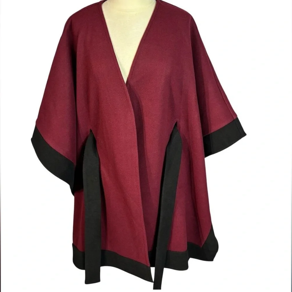 NWT Express Elegant Burgundy and Black Women's Warm Wrap Front Cape Coat M/L